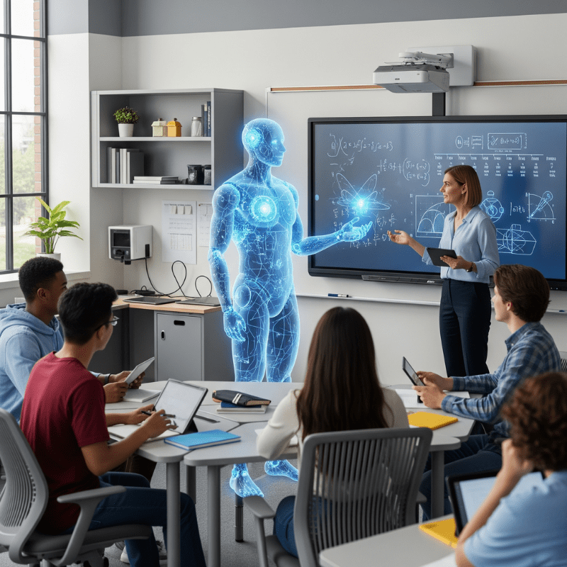 Biblioteca de GPTs para educación: un robot de IA interactúa con alumnos y un profesor frente a una pantalla inteligente.