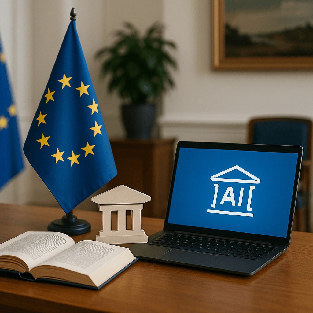 normativa-ia-educacion Mesa institucional con la bandera de la Unión Europea, un libro abierto y un portátil con un icono de inteligencia artificial, simbolizando normativa y educación.